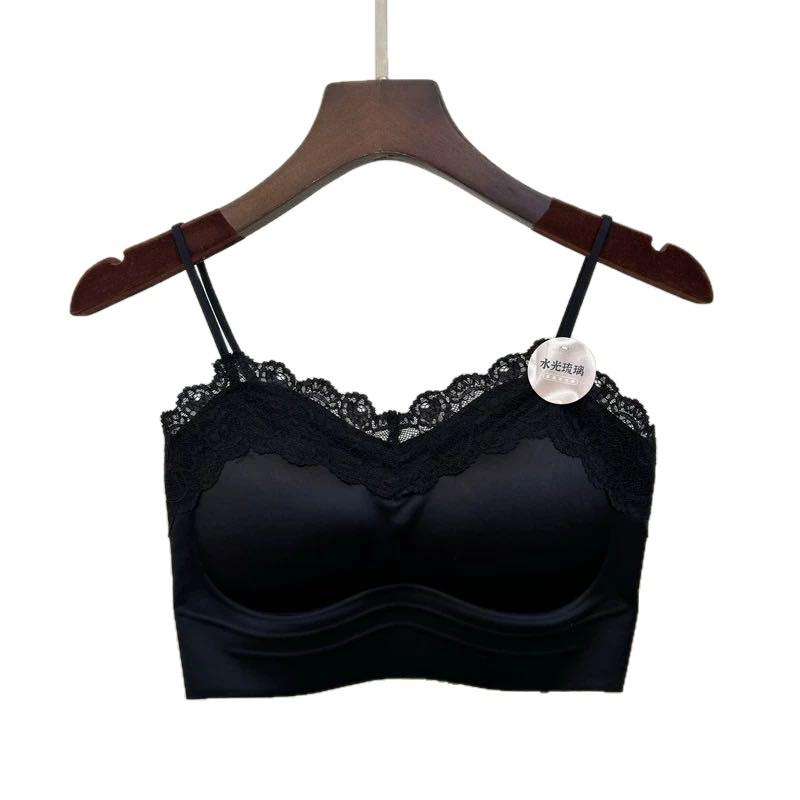 French Pearlescent Lace Camisole: Luxurious Satin Backless Top with Fixed Cup