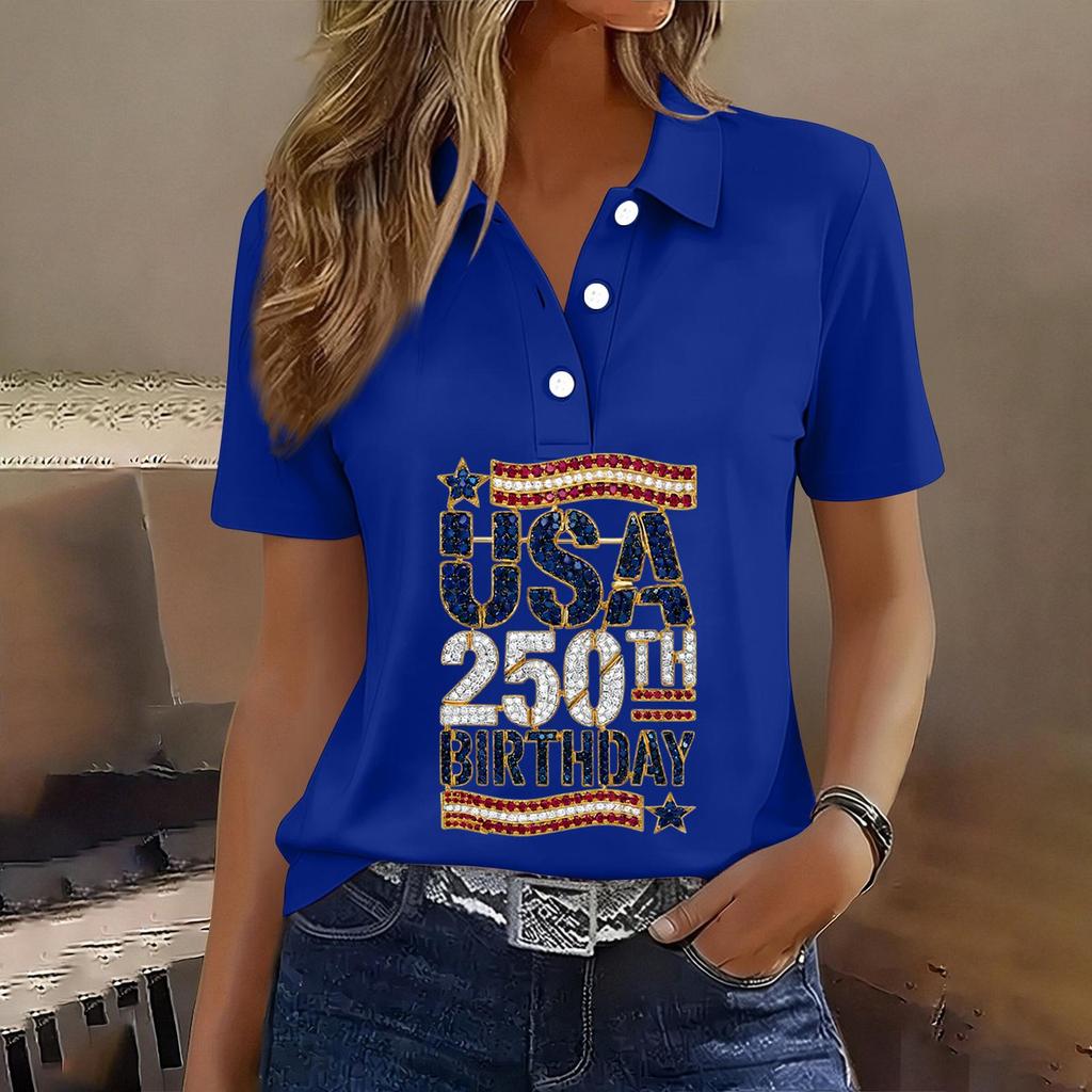 Women's Casual Short Sleeve Button Polo Shirt USA 250th Anniversary Print Relaxed Fit Lightweight Summer Top