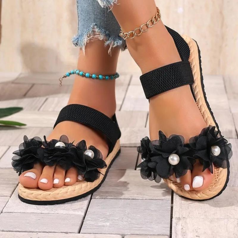 Women's Summer Flat Sandals 2025 Black Round Open Toe Elastic Band Shoes Floral Comfortable Women's Beach Sandals