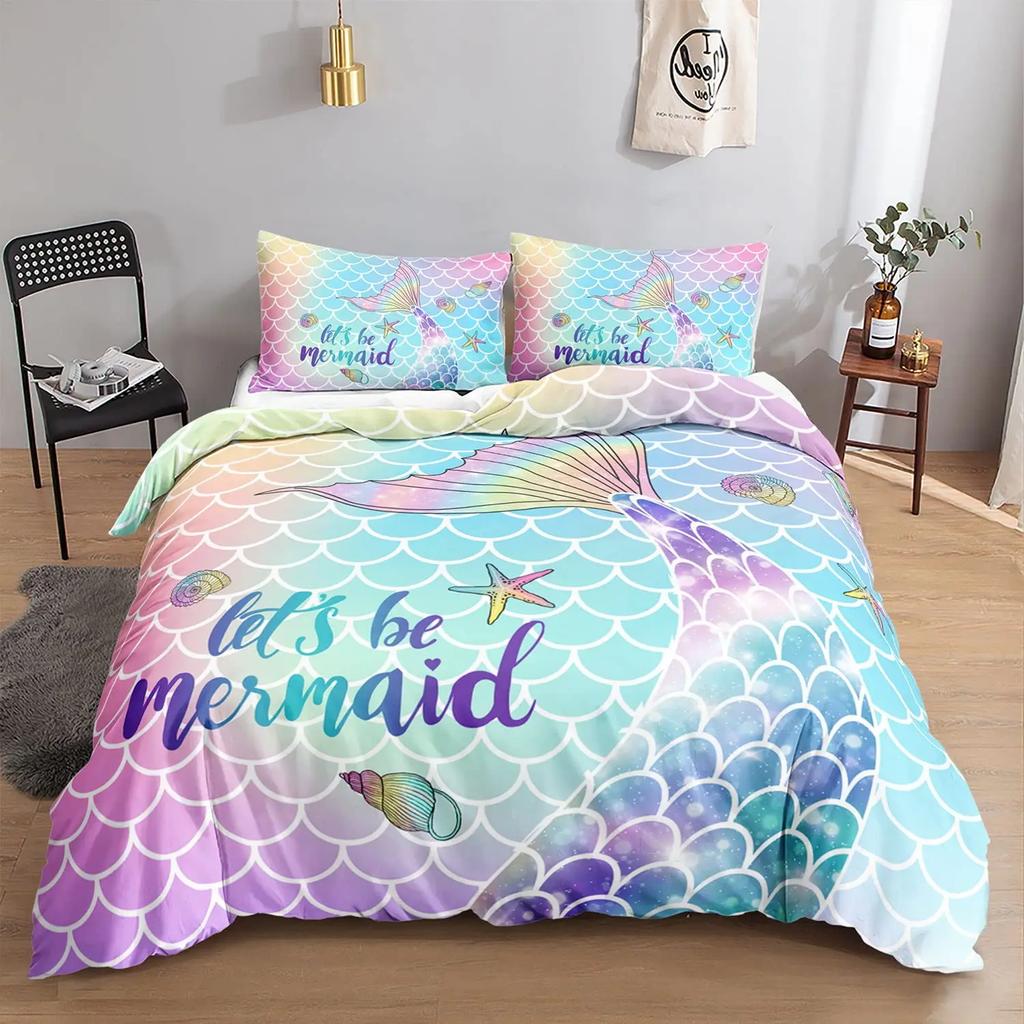 Mermaid Duvet Cover SetStarfish Blue Undersea Style Dreaming Fairy Tale Bedding Set Girly Comforter Cover Bedroom Decor Gifts