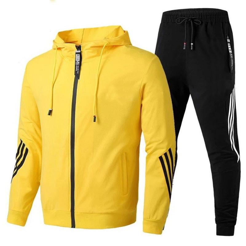 Herren Drei-Streifen Freizeit-Sportset: Kapuzensweatshirt mit Reißverschluss und Hose für Frühling/Herbst