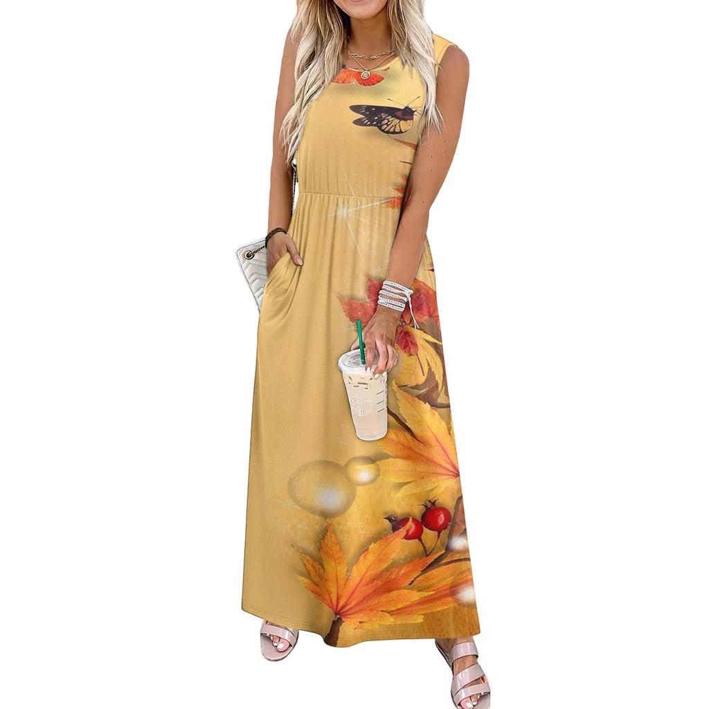 Ladies' Floral Print Casual And Fashionable Waist Cinched Sleeveless Dress