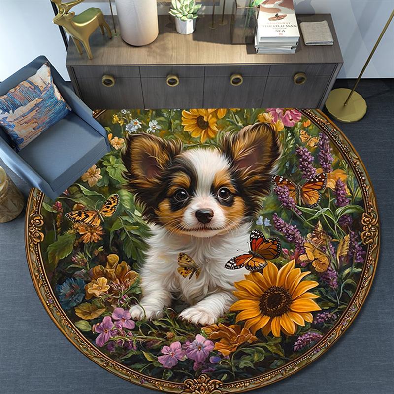Puppy In Sunflowers Round Area Rug,Carpet Rug for Living Room Bedroom Sofa Playroom Decor,Non-slip Floor Mat