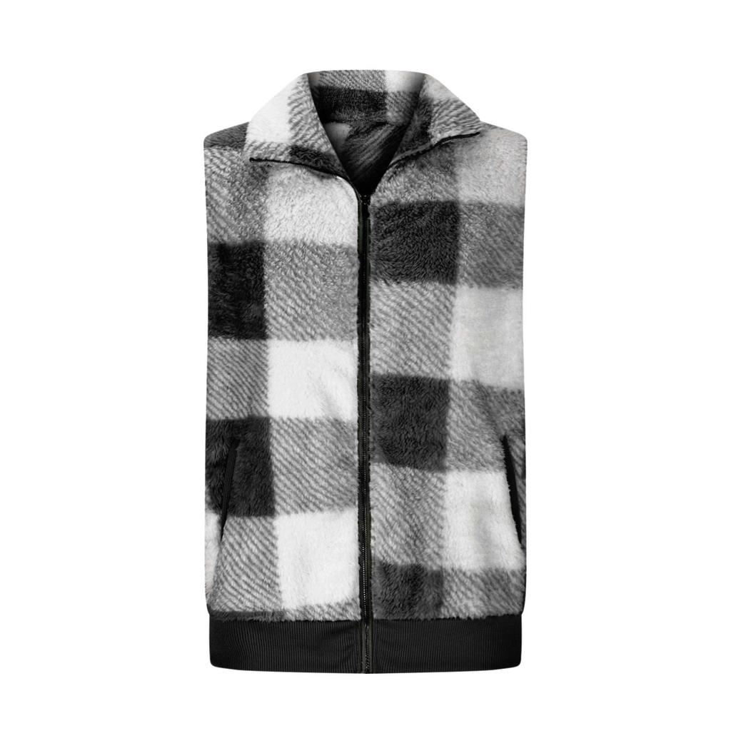 Fashionable Ladies Plaid Comfortable Fleece Cardigan Vest Stand Collar Sleeveless Women's Jacket