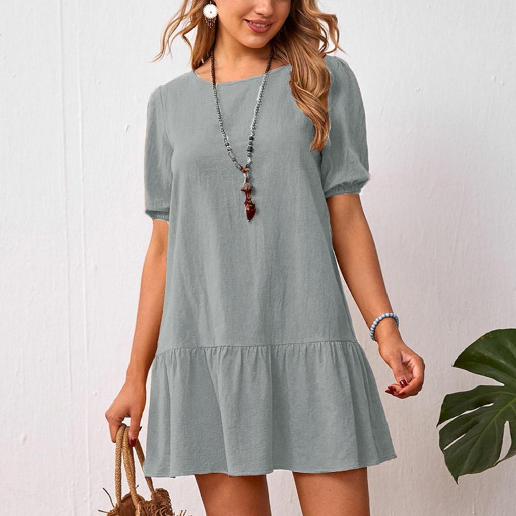 2025 New Women's Dress Solid Color Loose Waist Cotton Linen Crew Neck Dress