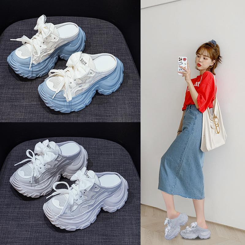 Thick-soled Heightened Bag Head Half Slippers Women's 2025 New Dad Shoes Hollow Breathable Sandals Casual Fashion Lazy Slippers