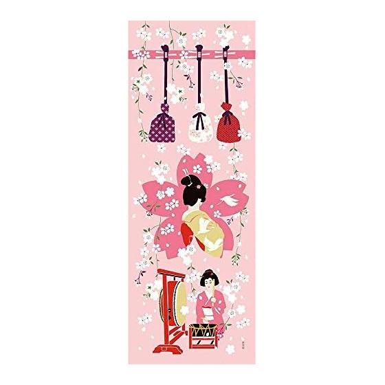 Hamamonyo Tenugui Towel: Geisha and Cherry Blossom Report, Pink
