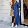 Women Casual Long Sleeve V Neck Shift Dress Loose Long Maxi Shirt Dress with Pocket