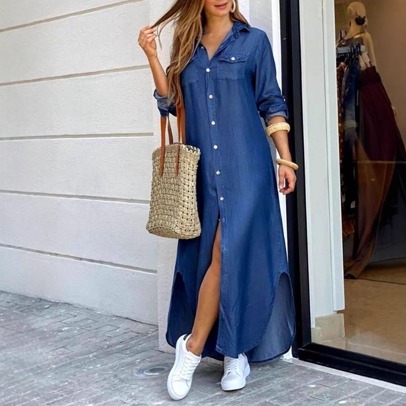 Women Casual Long Sleeve V Neck Shift Dress Loose Long Maxi Shirt Dress with Pocket