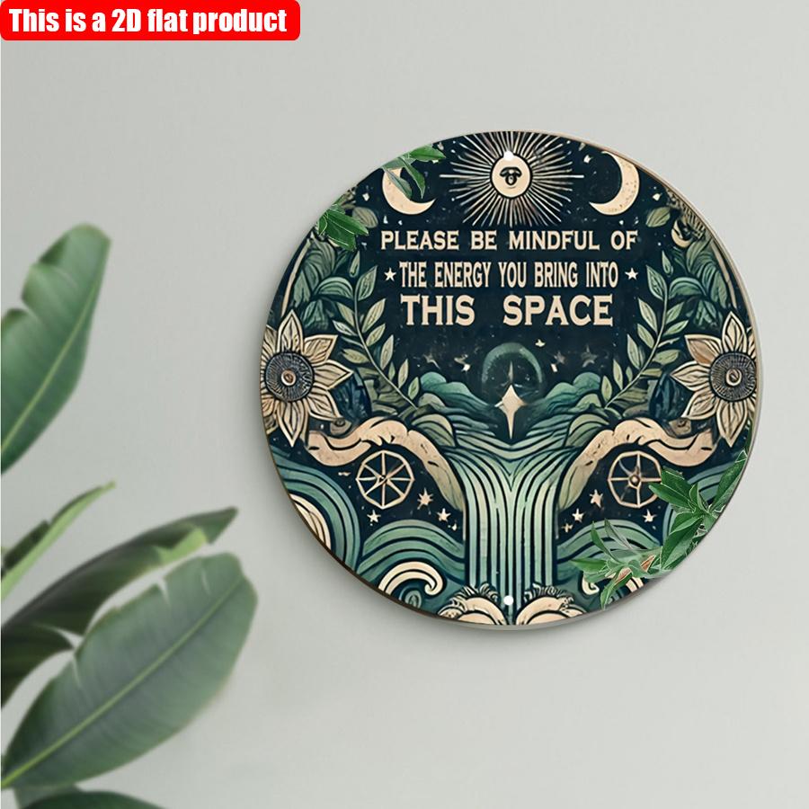 2D Flat 20*20cm1pc Please Be Mindful of the Engrgy You Bring Into This Space Wooden Decoration, Antique Floral &Moon Design Bar, Cafe Bedroom Backyard