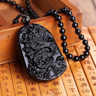 Men's Domineering Pixiu & Dragon Necklace with Guan Yu Pendant - Imitation Obsidian Couples Gift