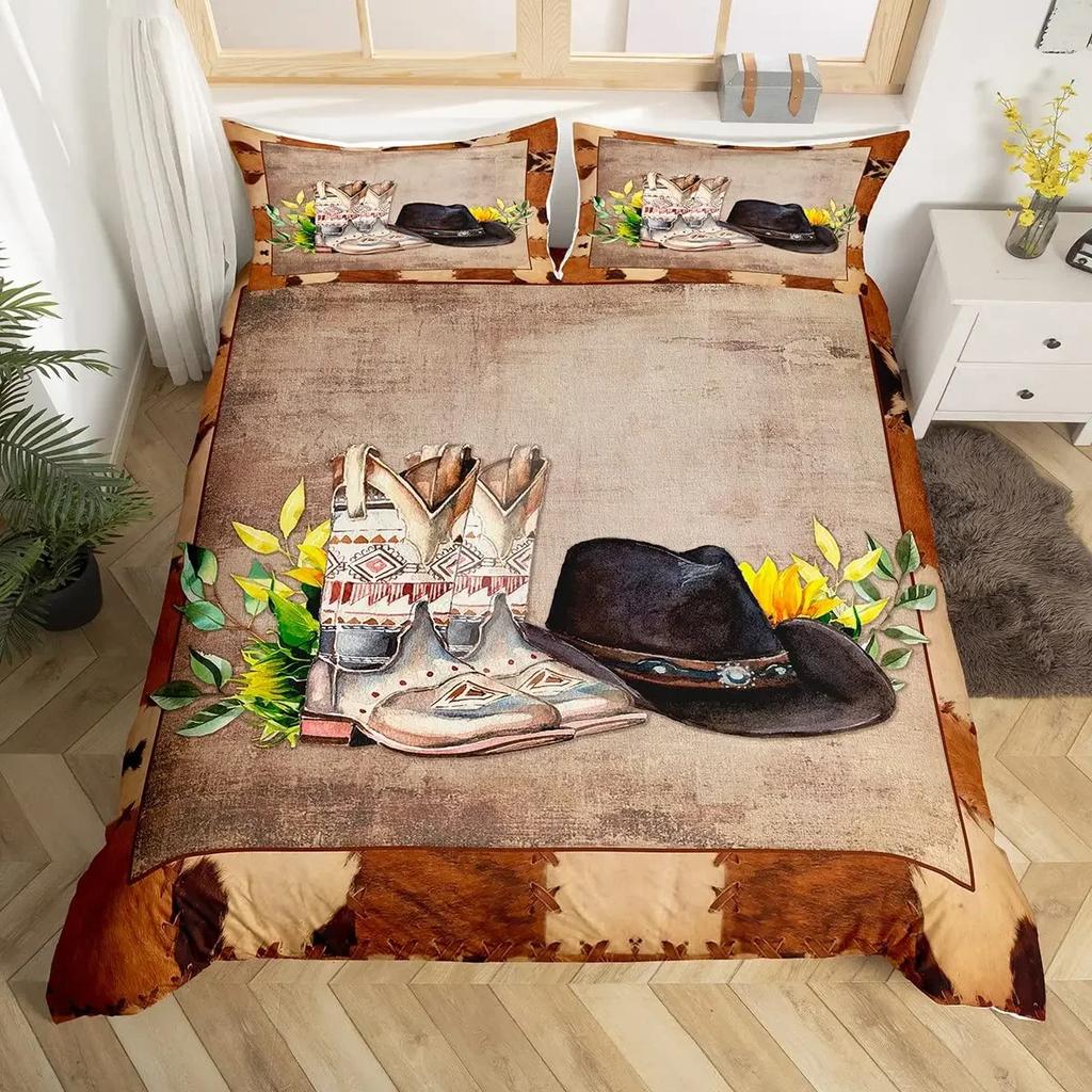 Western Cowboy Påslakanset Twin King Cowboys Stövlar Hatt Blommigt Sängklädesset Exotiskt Bondgård Ko-hud Lapptäcke Täcke