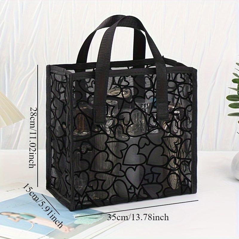 Mesh Heart Pattern Tote Bag – Lightweight, Breathable Travel & Beach Organizer with Dual Handles, Cosmetic Storage, and Stylish Cut-Out Design