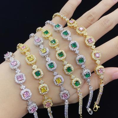 High-End Simulated Color Tourmaline Princess Square Diamond Bracelet Feminine Temperament Hand Jewelry