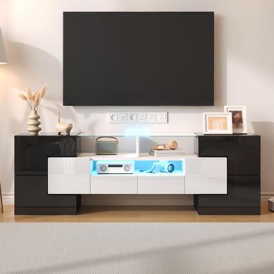 TV Cabinet, High-gloss Lowboard with Multi-colored LED Lighting, 6 Doors, 2 Drawers