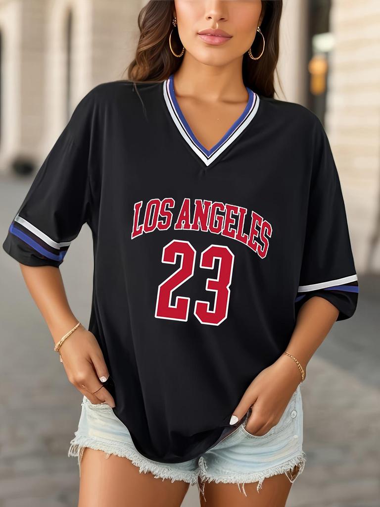 Women's Loose Stripe Trim Sports T-Shirt