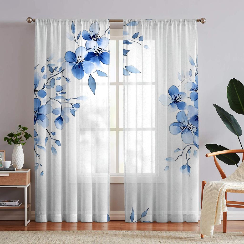 2 pezzi Rete per finestre stampata HD digitale Foglia Blu Fiore Blu Decorazione per la casa Stile Decorazione Soggiorno Camera da letto Asta