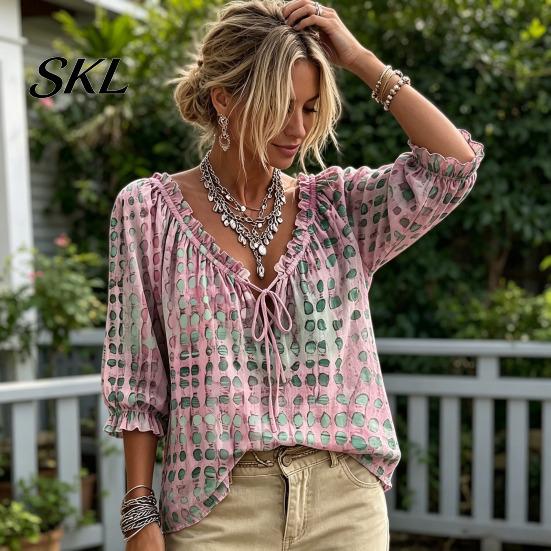 Boho Locker Bluse Damen Sommer Lässiges Hemd, V-Ausschnitt Schnürung 3/4 Ärmel Bluse, Kariert Dreiviertel Puff Oberteil Druck Fließende Oberteile, Leicht Atmungsaktiv