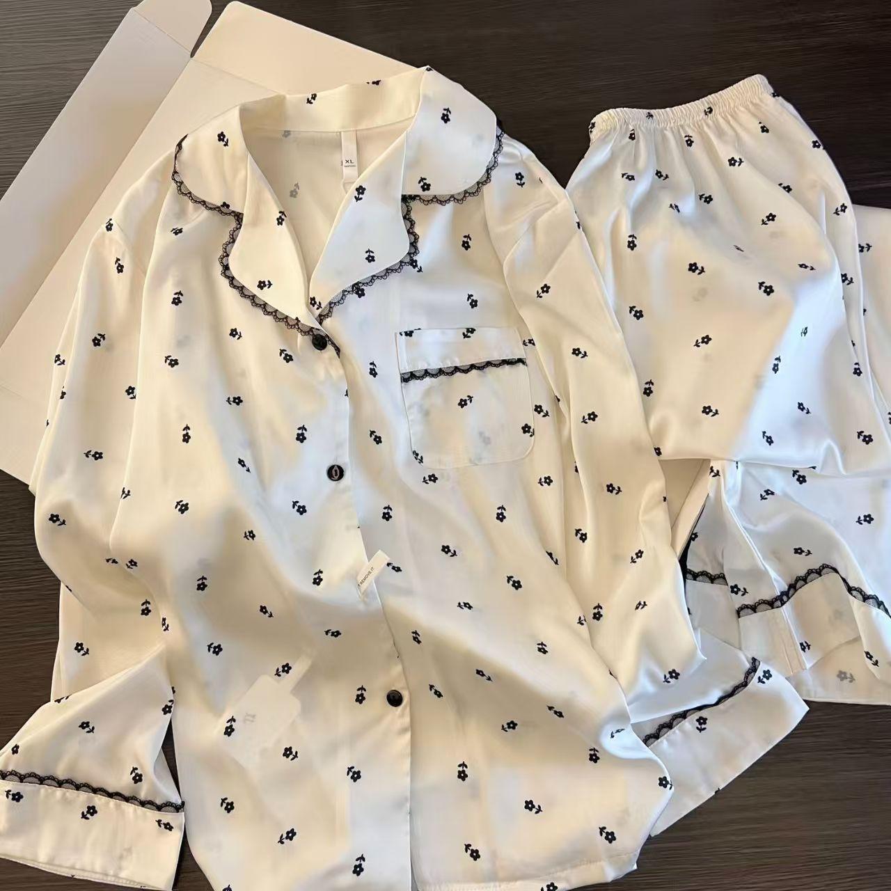 

Korean high-end full-printed floral small fragrant pajamas women s summer long-sleeved trousers set women s loose loungewear S
