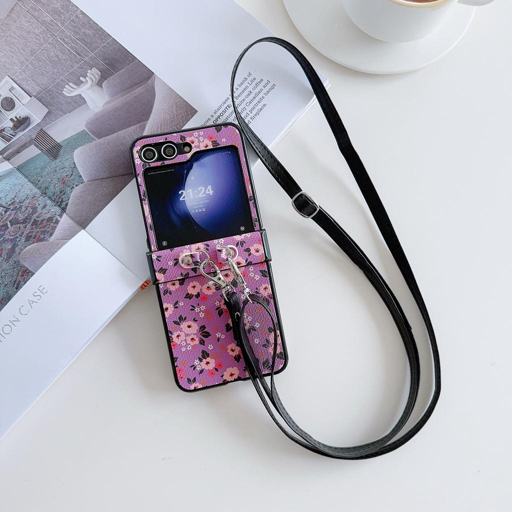 For Samsung Galaxy Z Flip7 FE 5G/Z Flip6 5G Small Flowers Pattern PU Leather Coated PC Phone Cover with Crossbody Strap