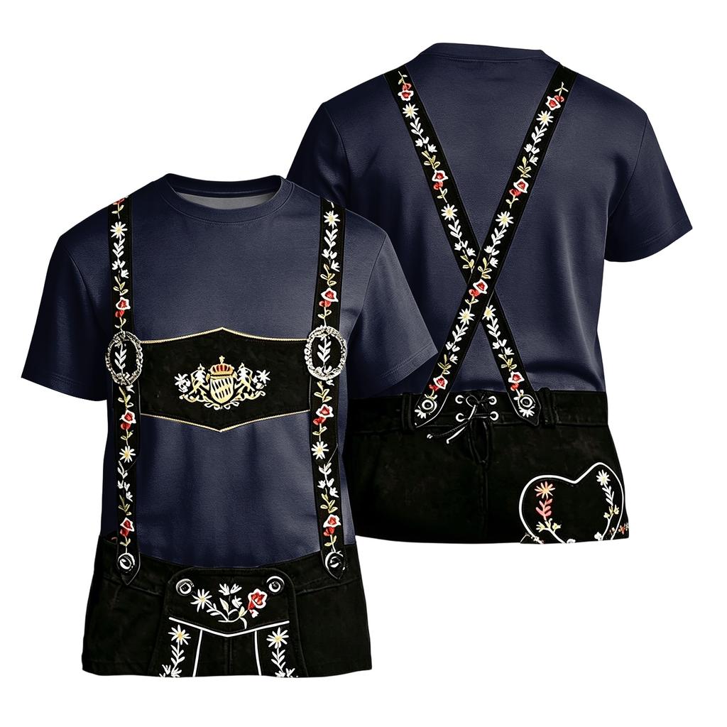 Men's Oktoberfest Short Sleeve T Shirt Vintage Texture Print Loose Fit Casual Summer Daily Wear Top with Embroidered Suspenders Design