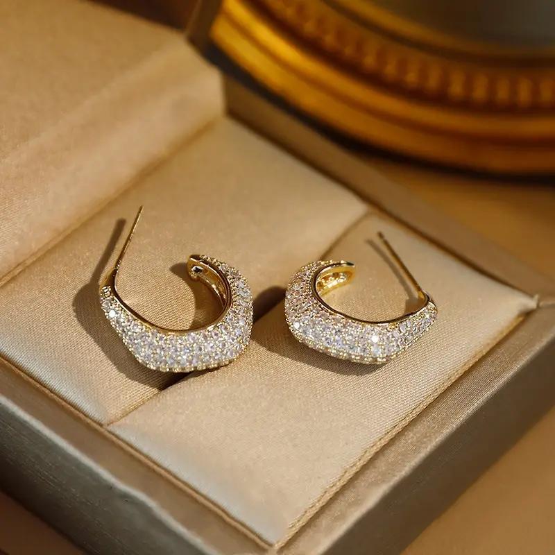 Huitan Loop Earrings for Women Statement Gold Color Cubic Zirconia Luxury Trendy Hoop Earrings Daily Wear Lady Jewelry