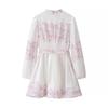Rochie de vară roz cu imprimeu floral, cu mâneci lungi și talie marcată, pentru femei, stil european și american