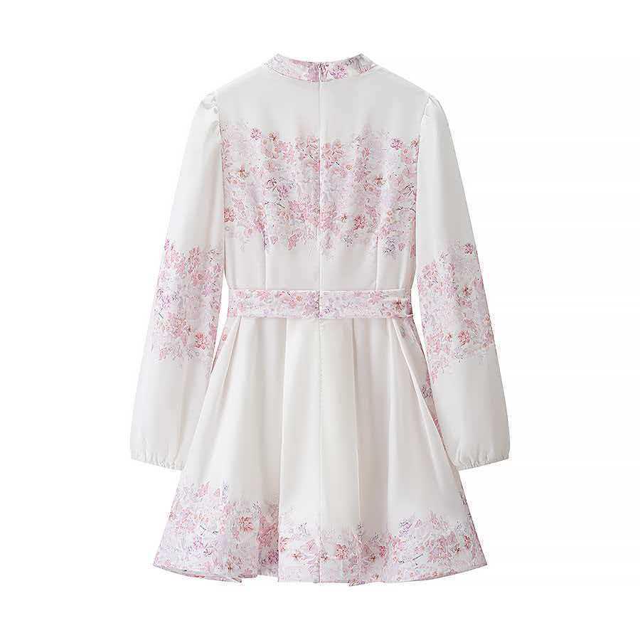 Rochie de vară roz cu imprimeu floral, cu mâneci lungi și talie marcată, pentru femei, stil european și american