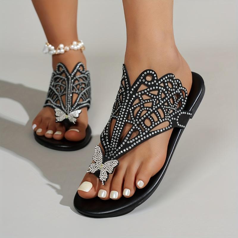 Women's Ethnic Butterfly Slip-On Sandals: butterfly, split-toe, cushioned sole, all-season. For casual outings, parties, beach.