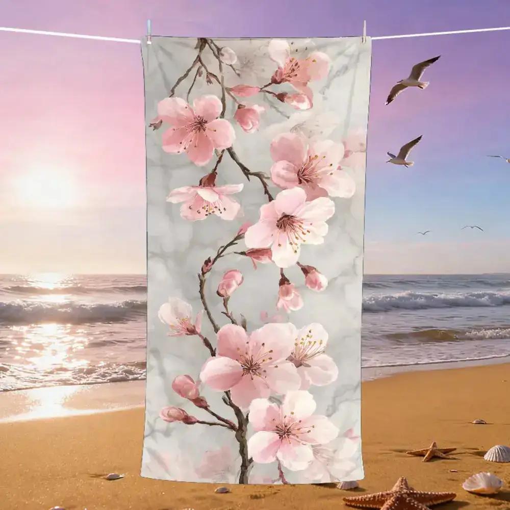 1pc, Cherry Blossom Season Outdoor Sketching Theme Beach Towel, Spring Festival Beach Towel, Soft, Absorbent,Cherry Blossom Rain