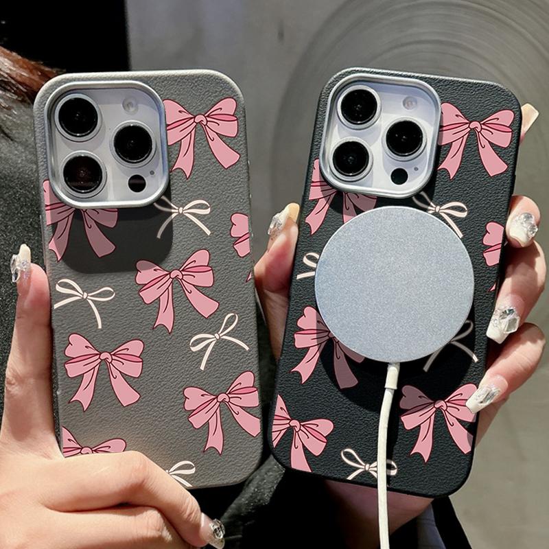 Cute Pink Bow Phone Case For iPhone 16 Pro Max Coque for iPhone 15 14 13 Pro Max 16e Magnetic Leather Texture Silicone Case Cover