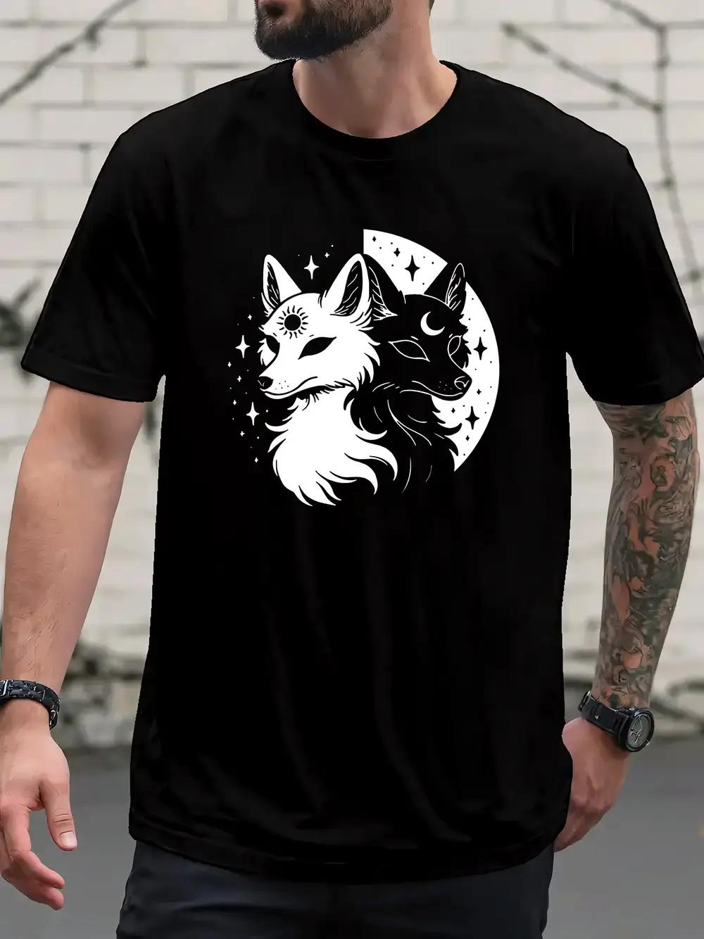 

Celestial Dual Foxes Graphic T-shirt - Black & White Starry Night Print XXXL
