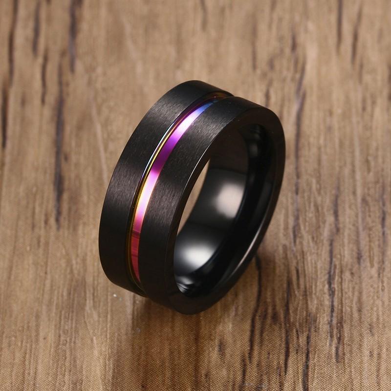 Vnox 6/8mm Svart Ring för Män Kvinnor Spår Regnbåge Rostfritt Stål Vigselringar Trendiga Broderskapsringar Casual Herrsmycken