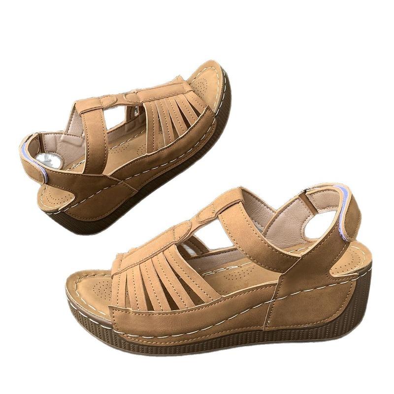 

Женские ретро сандалии с открытым носком и декоративной строчкой, толстая подошва-клиновидная танкетка, повседневная обувь больших размеров 36