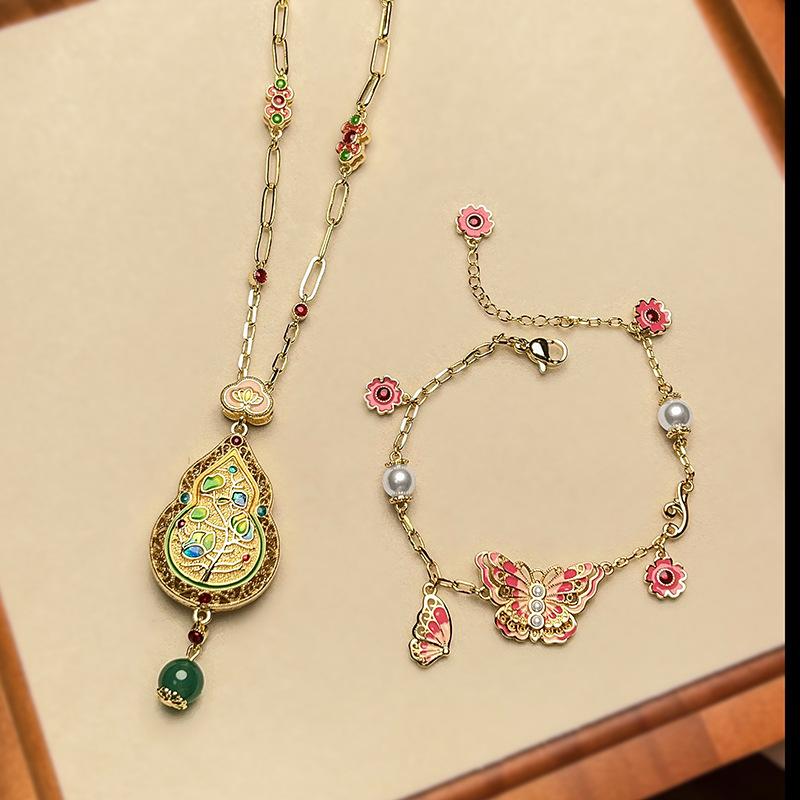 New Set Of Jewelry Necklace Water Droplet Bracelet Butterfly Shaped Enamel Craftsmanship Retro Chinese Style Fashionable Women's