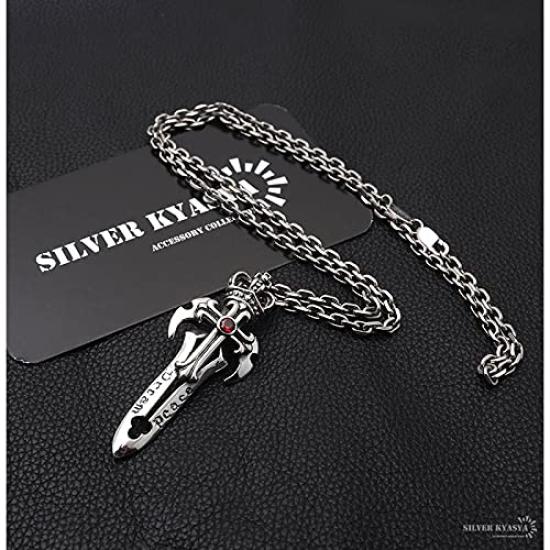 Silver 925 Sword Cross Crown Red Stone Azuki Chain Necklace Pendant Silver Silver Unique Men Metal Allergy Friendly [Silver KYASYA]