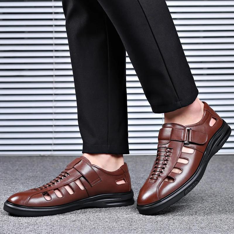 Fashion Summer Breathable Men Slip on Hollow Out Loafers Shoes Man Casual Leather Sandals Hot Sale Leisure Walk Hiking Sandals  Footwear