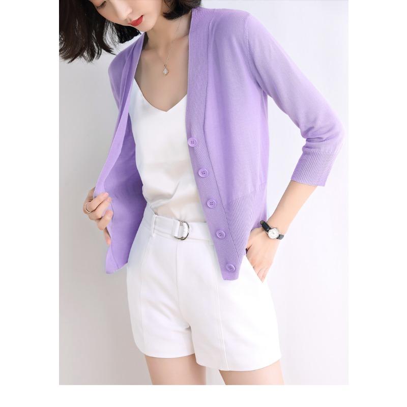 Summer V-neck Ice Silk Knitted Cardigan Shirt Women's Thin Outer Short Coat Long Sleeve Casual Simple Jackets Ladies Solid Color Clothes 3091