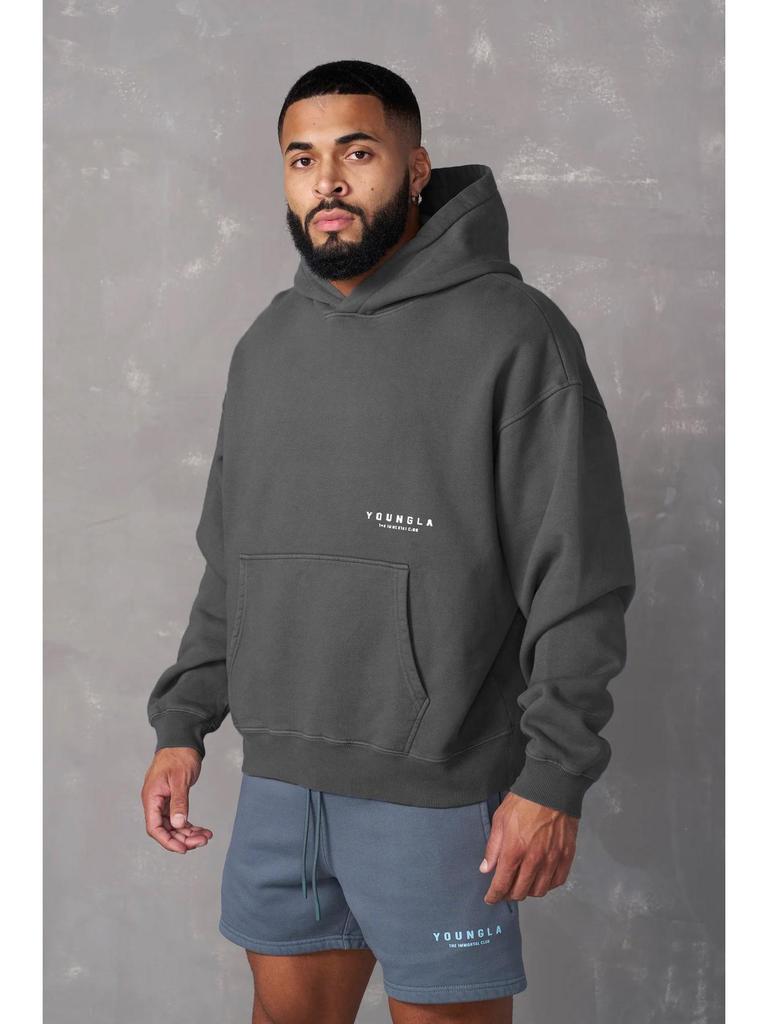 YOUNGLA Men's Oversized Pullover Hoodie Double-Layer Printed Fitness Jacket