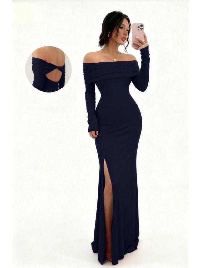 2025 Elegant One-Shoulder Long-Sleeve Slit Slim-Fit Dress M