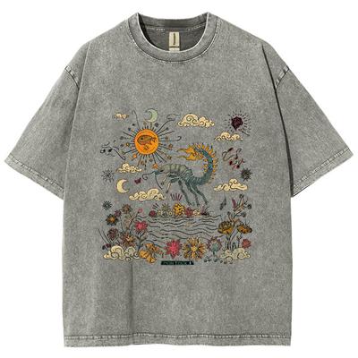 Kreslený potisk krajiny Jednoduchý styl Dámské tričko Unisex Prát Kulatý výstřih Krátký rukáv Vintage Opotřebovaný Základní tričko