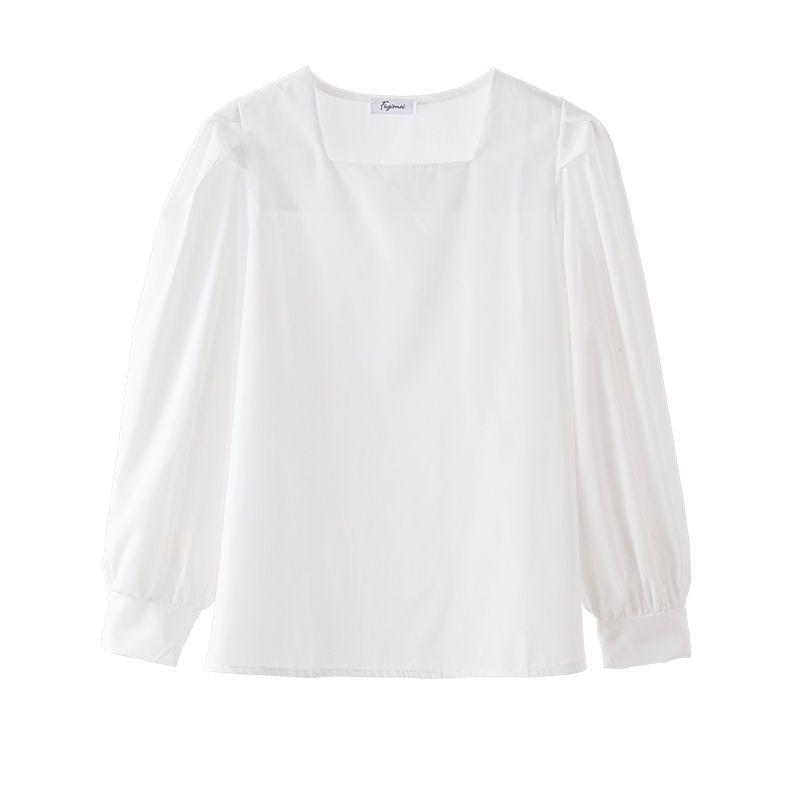 1116 Shirt Women's Korean Version of Simple Niche Temperament Horn Sleeve Shirt French Square Collar Loose Solid Color Inner Top