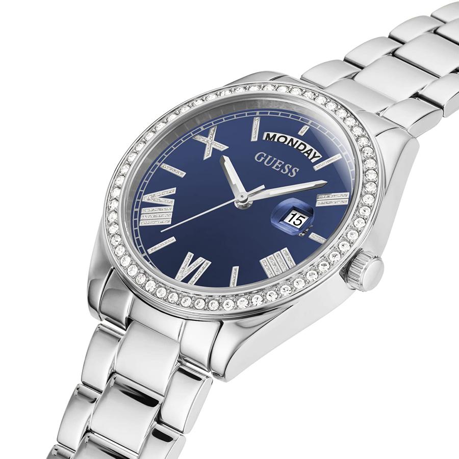Guess Luna Diamonds Blaues Zifferblatt Silbernes Stahlarmband Quarz-Armbanduhr für Damen - GW0307L1