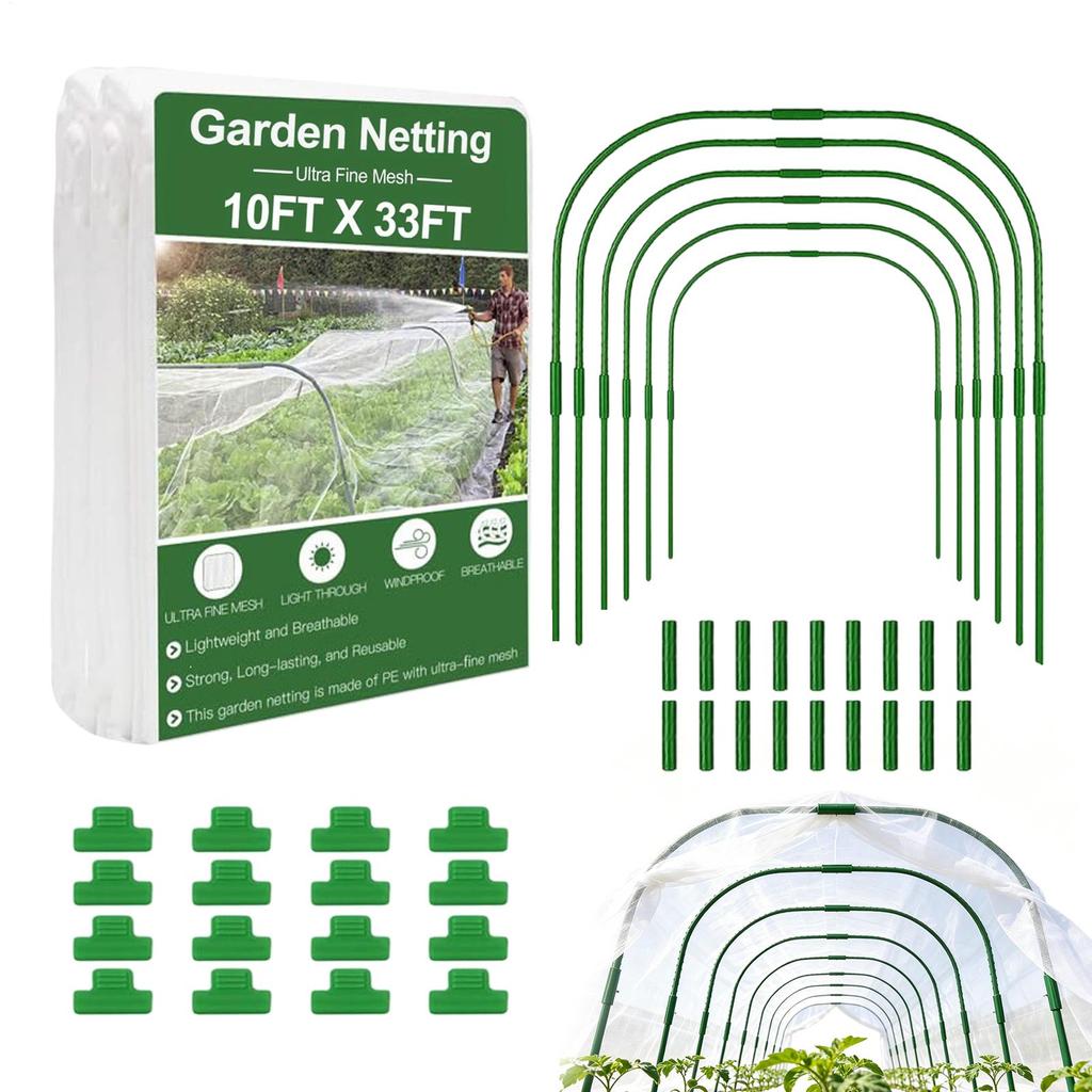 Garden Fine Netting & Gardening Support Rod Kit 10x33ft Sun Shade And Stakes Set Ith Clips Anti-Gnat Garden Plant Netting