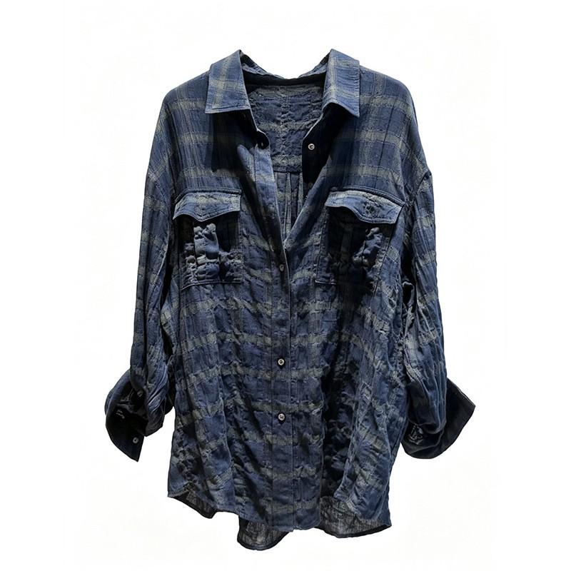 Womens Oversized Cotton Wrinkle Plaid Shirt Loose Fit Long Sleeve Button-Up Top Casual BF Style