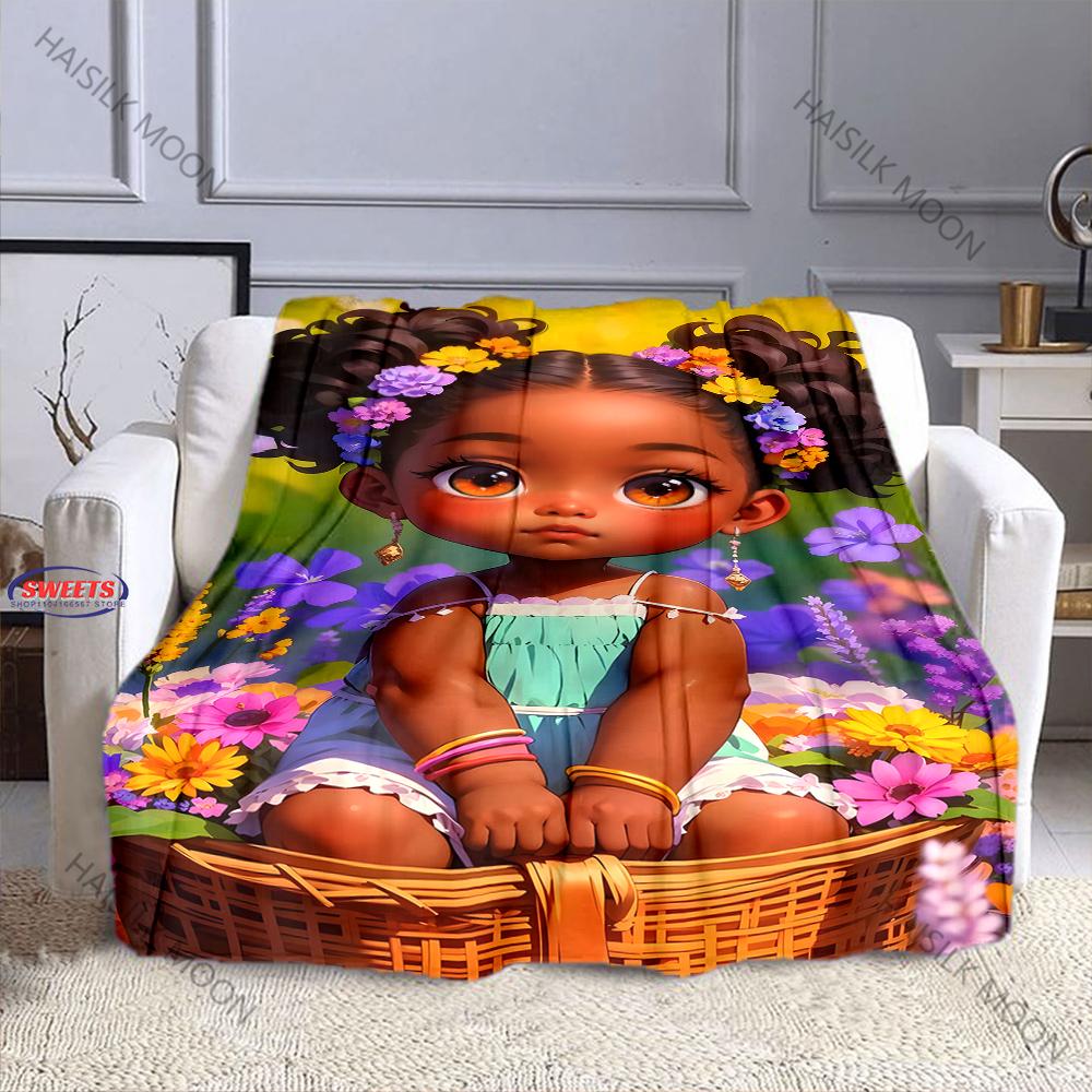 New Arrival Cute Black Girl Printed Flannel Blanket Couch Soft Cozy Lightweight Luxury Bed Blanket for Daughter Wife Nice Gifts