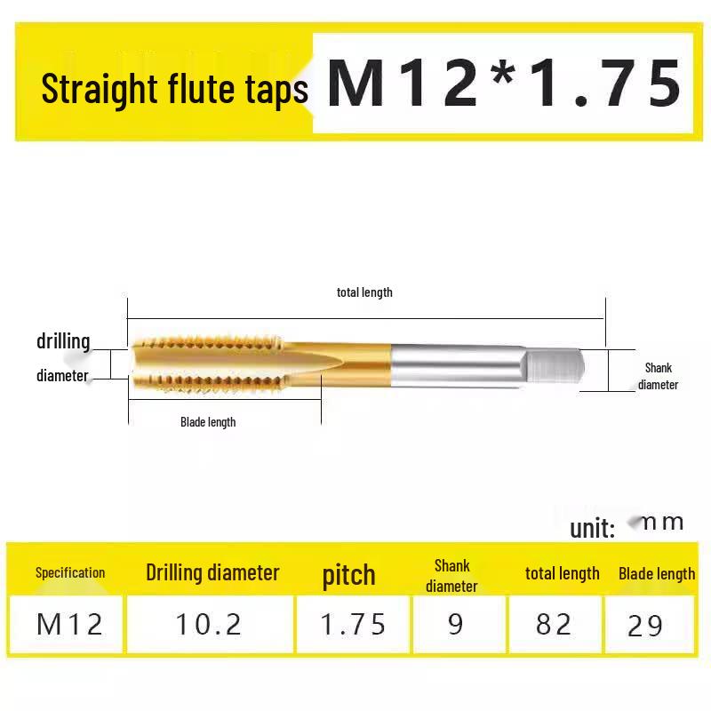 Songge M12*1.75 Titanium Plated Straight Flute Machine Tap
