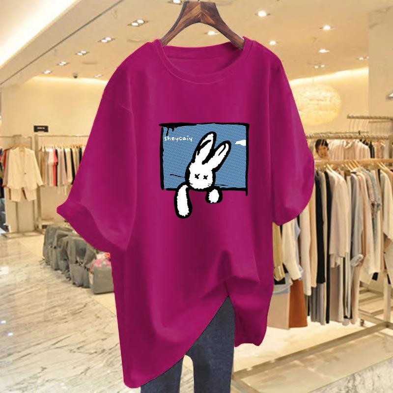 

Heavy 100% cotton ns salt new short-sleeved T-shirt women s printing loose design cartoon rabbit top XXXL