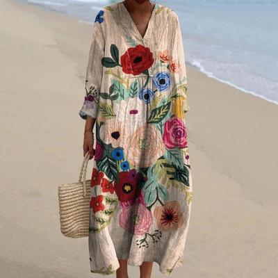 Summer Beach Party Dress V Neck Short Sleeve Loose Floral Print Women Holiday Robe Femme