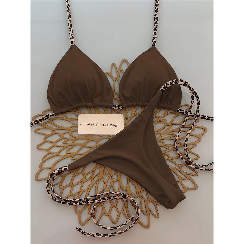 Ladies' Fashionable Leopard Print Bikini Swimsuit - Tie String Triangle Top & Thong Bottom Set, Sexy Beach Vacation Outfit